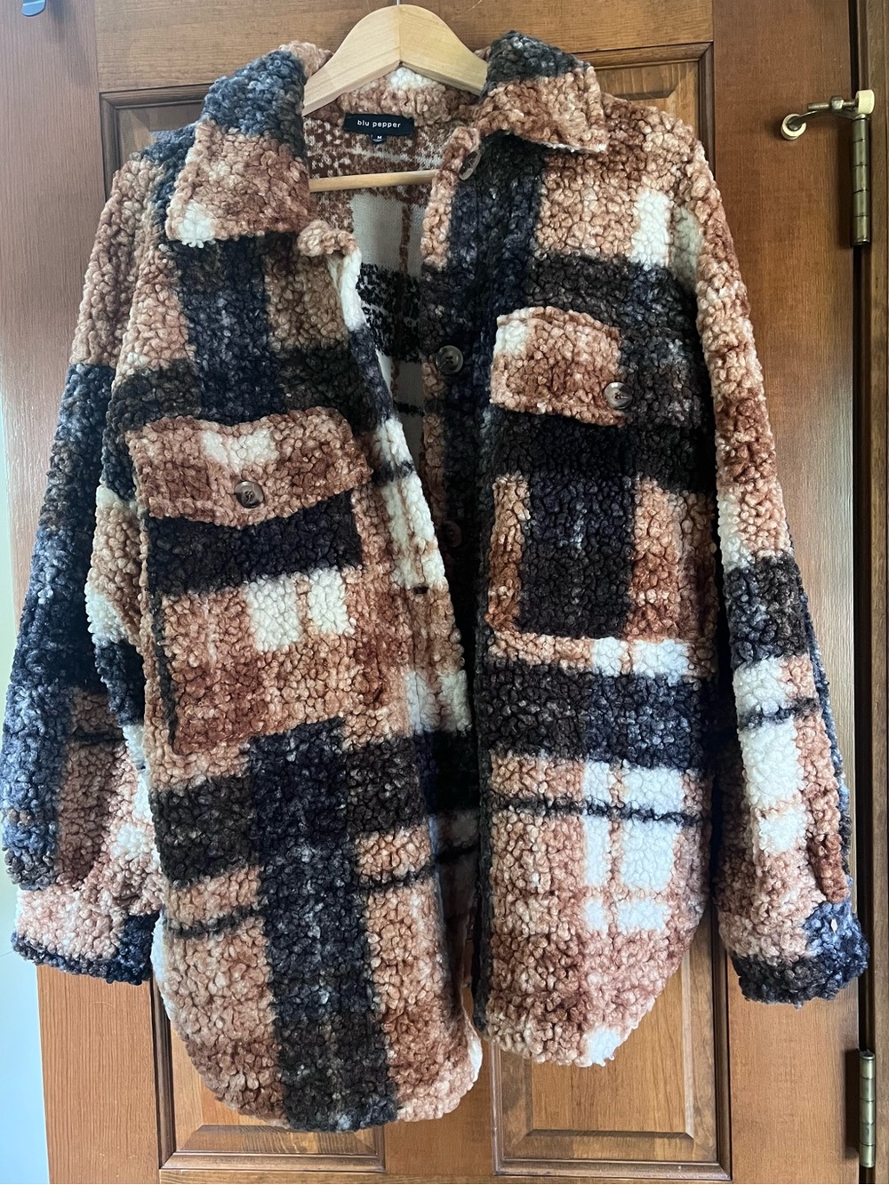 Blu Pepper Brown Black Cream Plaid Shirt style Jacket